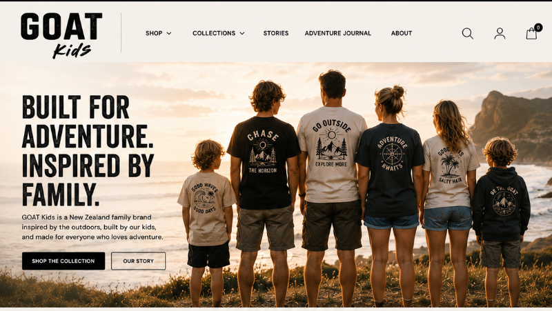 A screenshot of the Goat Kids e-commerce homepage, showing a hero banner with six children from behind wearing matching white t-shirts, with various product options and text blocks below.